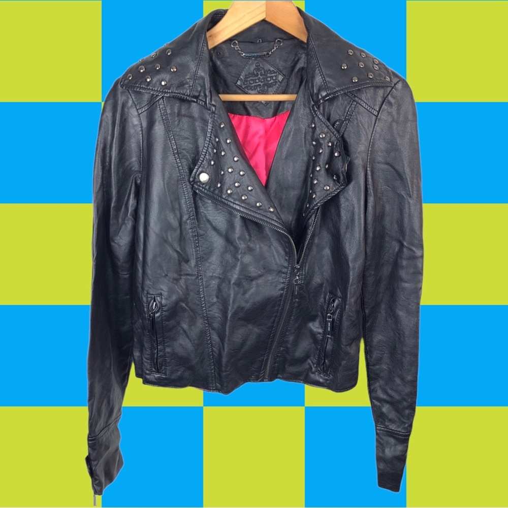 Jou Jou Faux Leather Studded Black Moto Asymmetric Zip Up Biker Jacket S - Picture 14 of 14